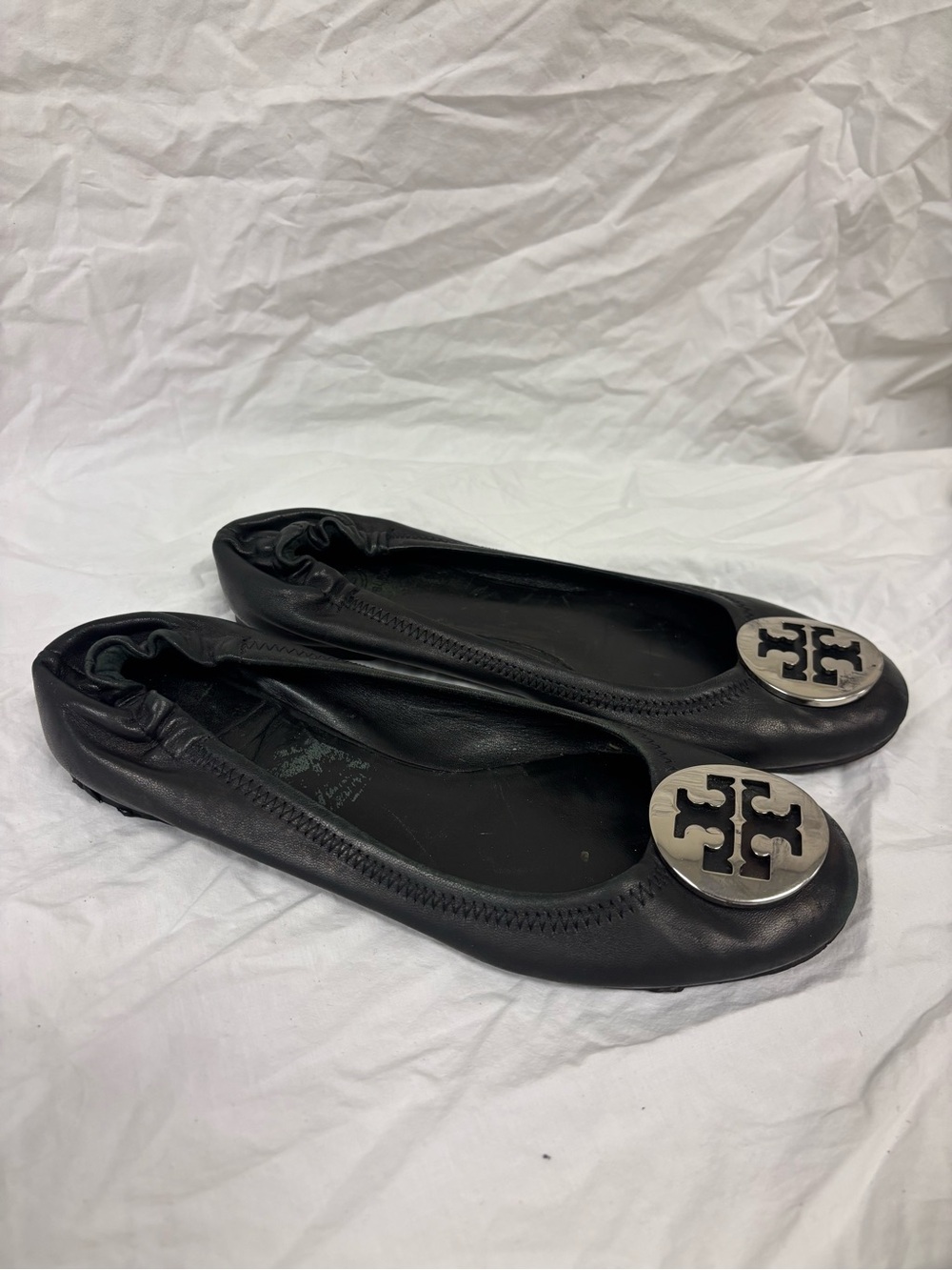 Tory Burch Black Leather Reva Logo Ballet Flats | Size 8